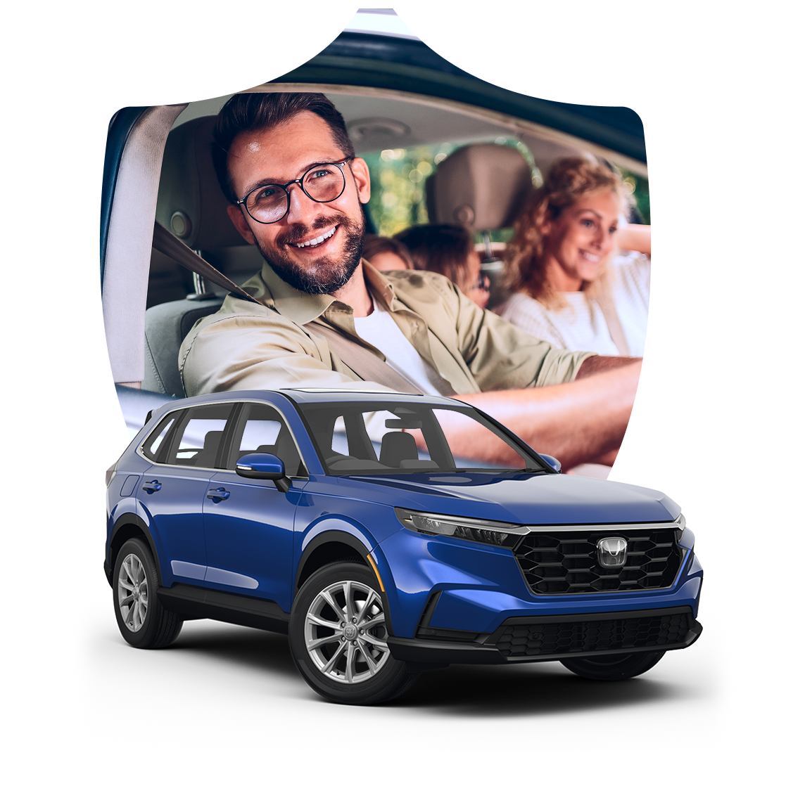 Blue Honda SUV with a Family driving together protected with a shield