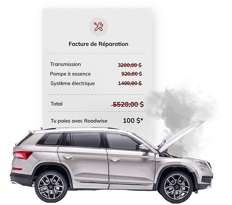 Une voiture qui fume avec une grosse facture de réparation derrière.